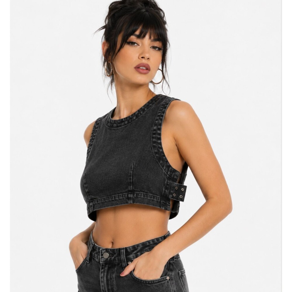 ASOS Denim Crop Top Womens Size 12 Sleeveless Black Jean Tank Full Zip Back Y2K